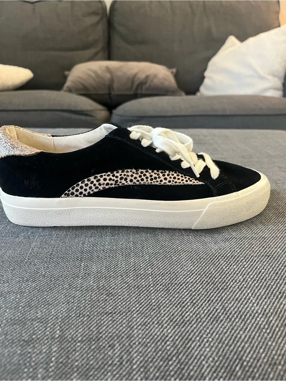 Madewell Sidewalk Low-Top Sneakers in black suede with a cheetah-spot calf hair